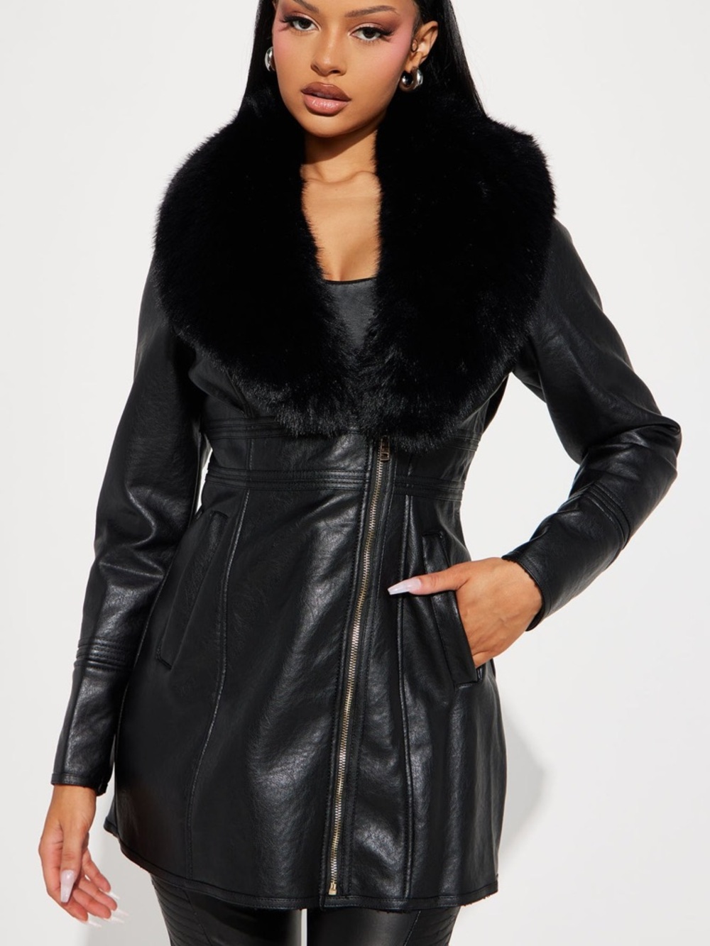 Fashion Nova Black Faux Leather Coat with Plush Collar